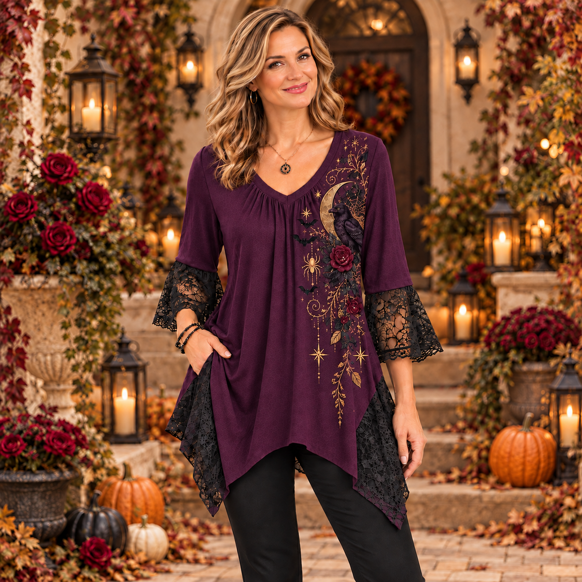 Melissa | Gothic halloween raven tunic purple V-neck 2