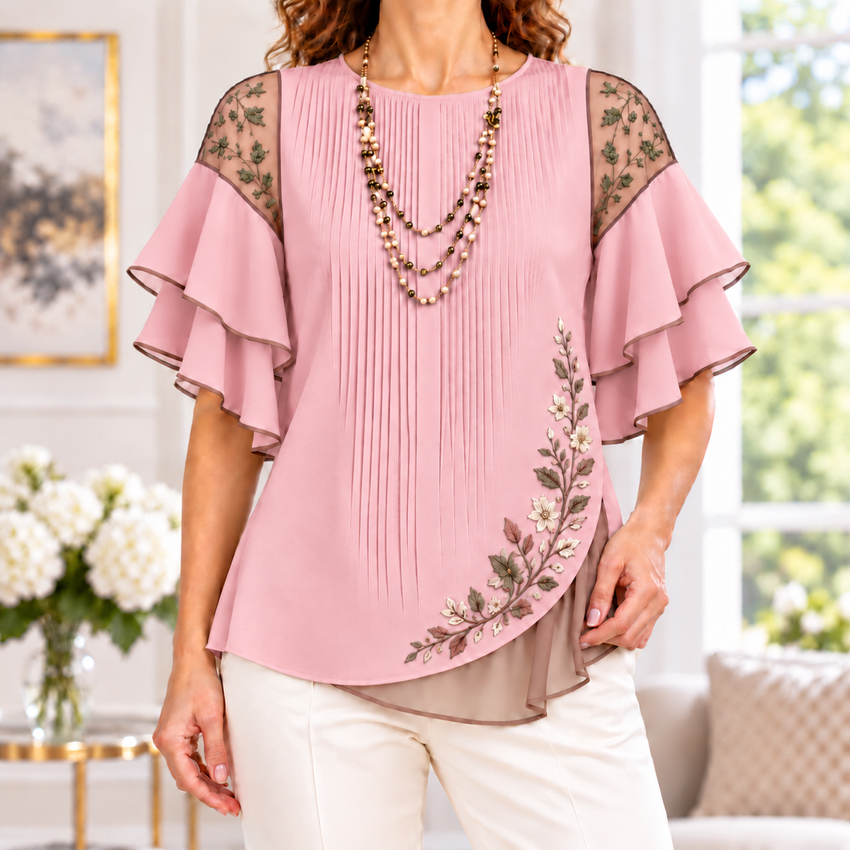 Beatrice | Floral embroidered pleated layered blouse 7