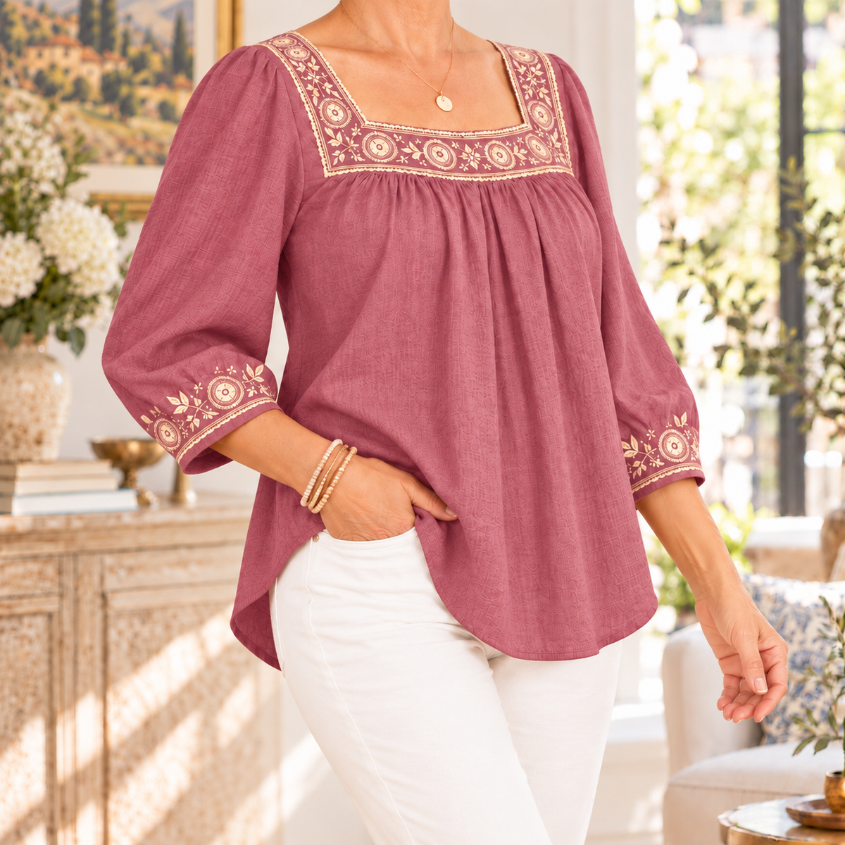 Georgina | Embroidered square neck blouse 1