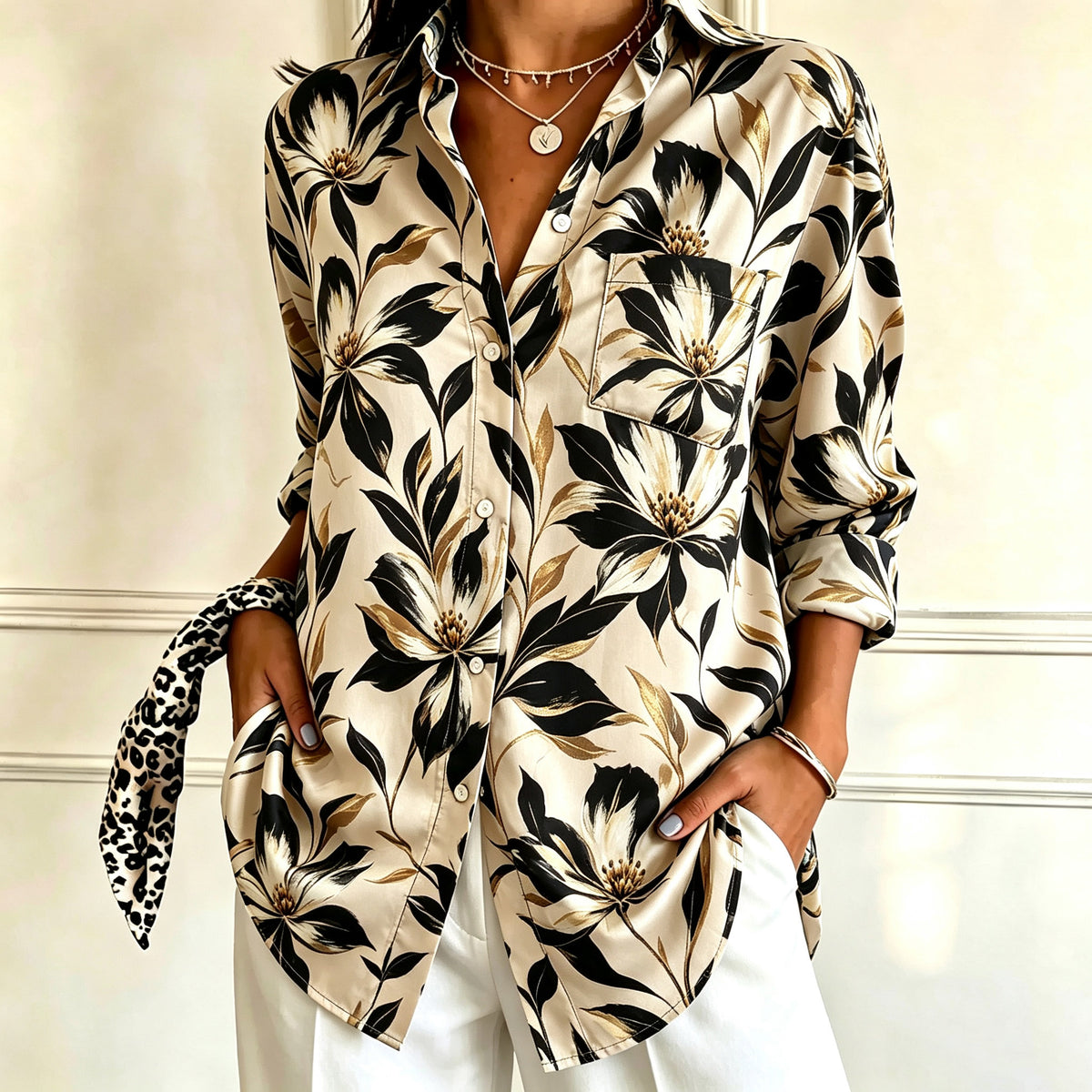 Joanna | Gold black floral print collared button down top 1