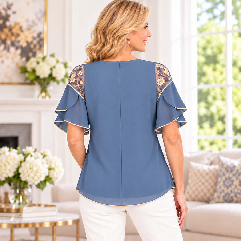 Hannah | Blue floral embroidered pleated blouse 3