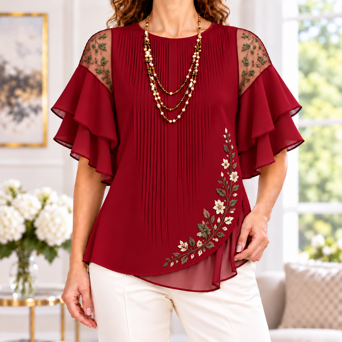 Beatrice | Floral embroidered pleated layered blouse 3
