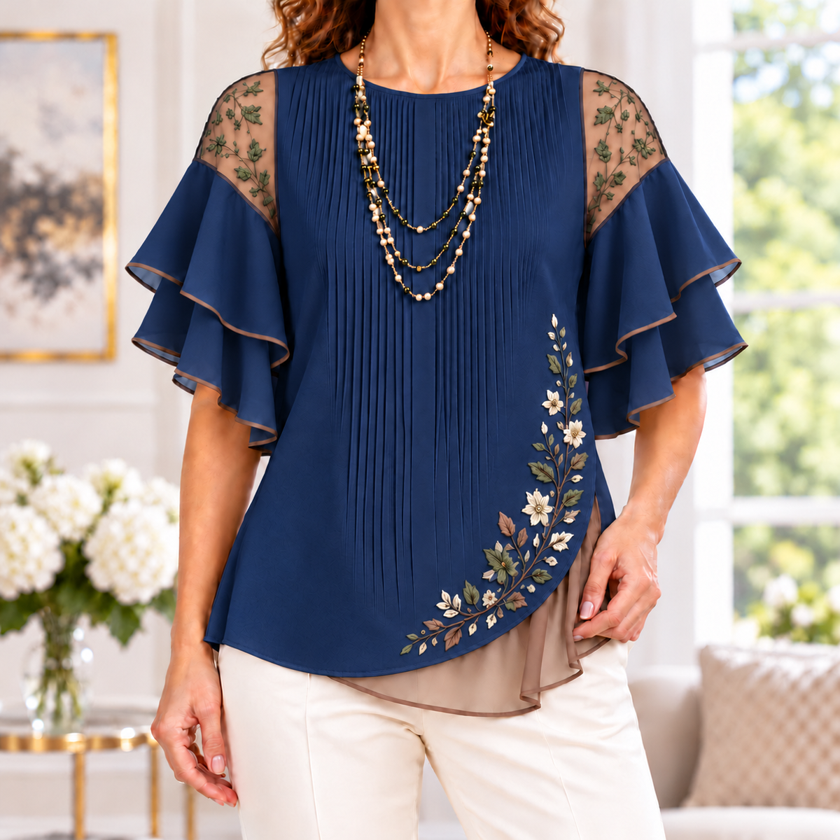 Beatrice | Floral embroidered pleated layered blouse 4