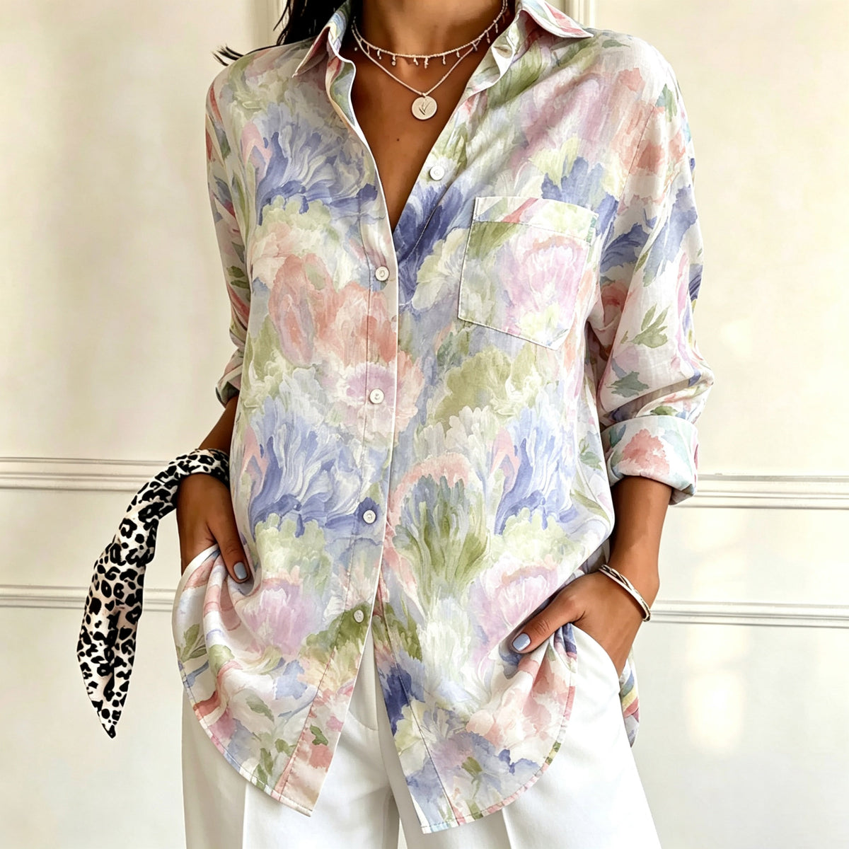 Jenna | Pastel floral watercolour print collared shirt 1