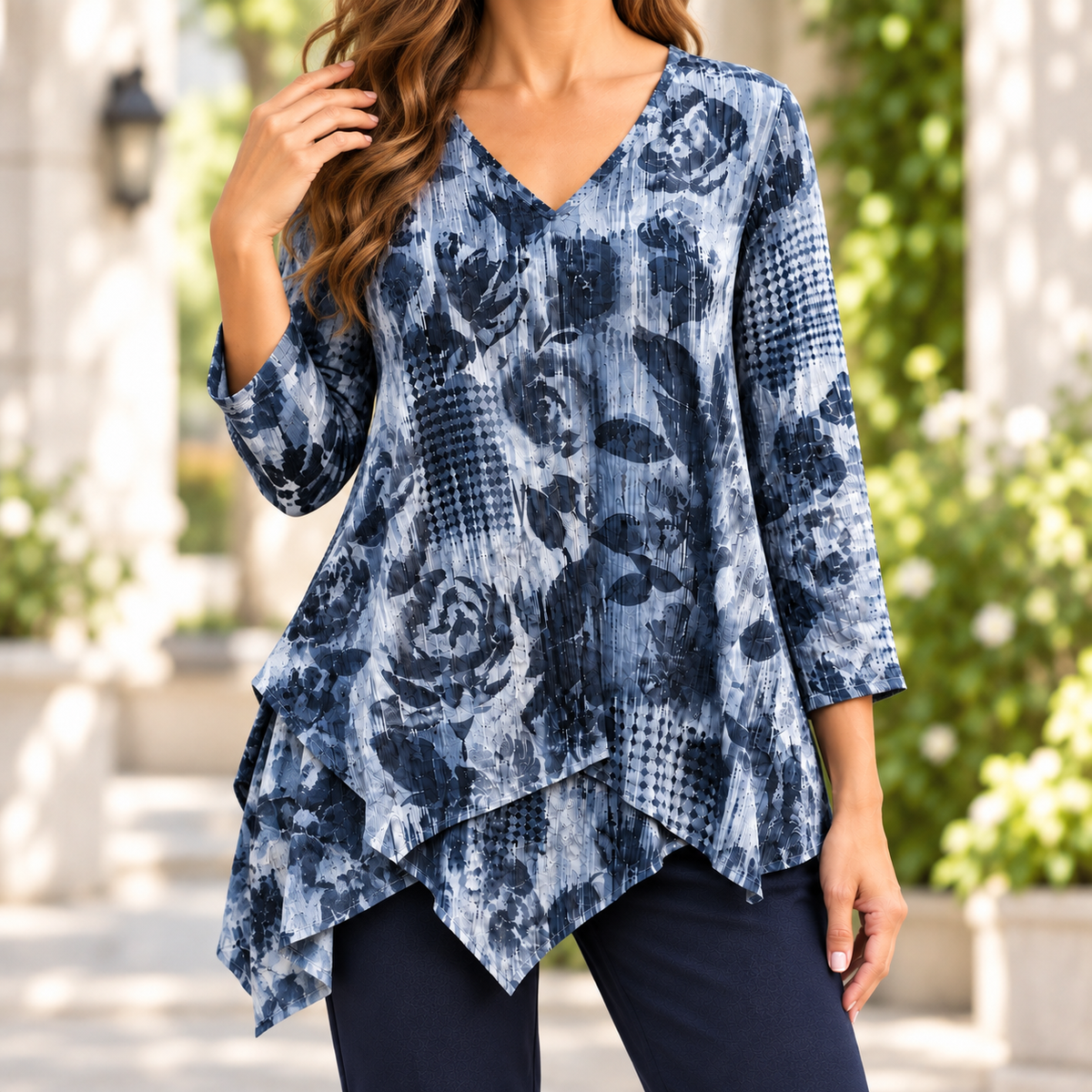 Fern | Blue floral print layered hem tunic 1