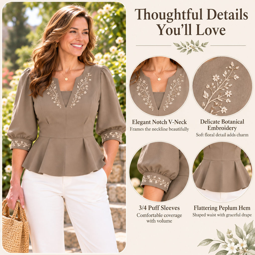 Muriel | Floral embroidered peplum top taupe 3/4 sleeve 4