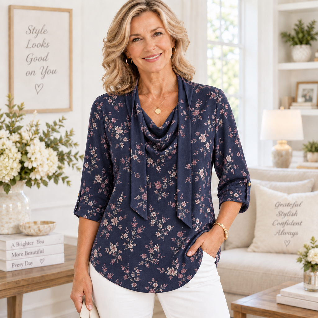 Emilia | Navy floral tunic cowl neck 3/4 sleeve 2