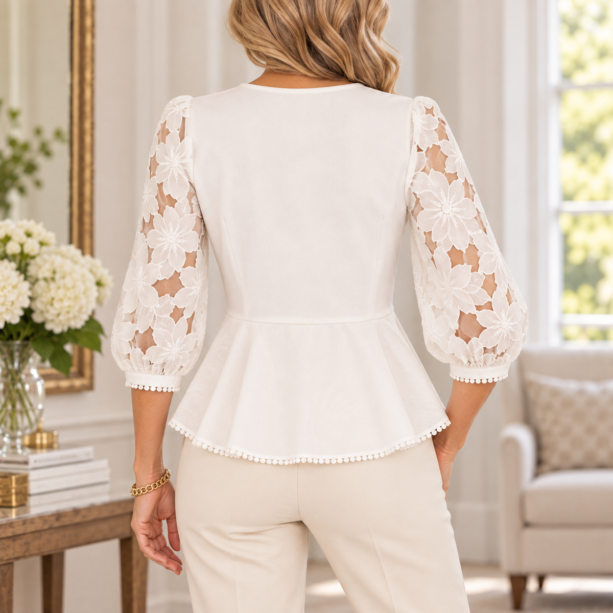 Dominique | Ivory floral lace blouse peplum 3/4 sleeve 3