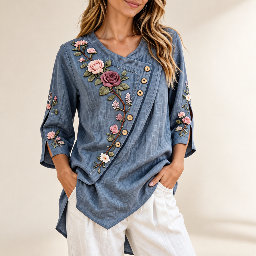 Penelope | Floral embroidered tunic blue 3/4 sleeve 1