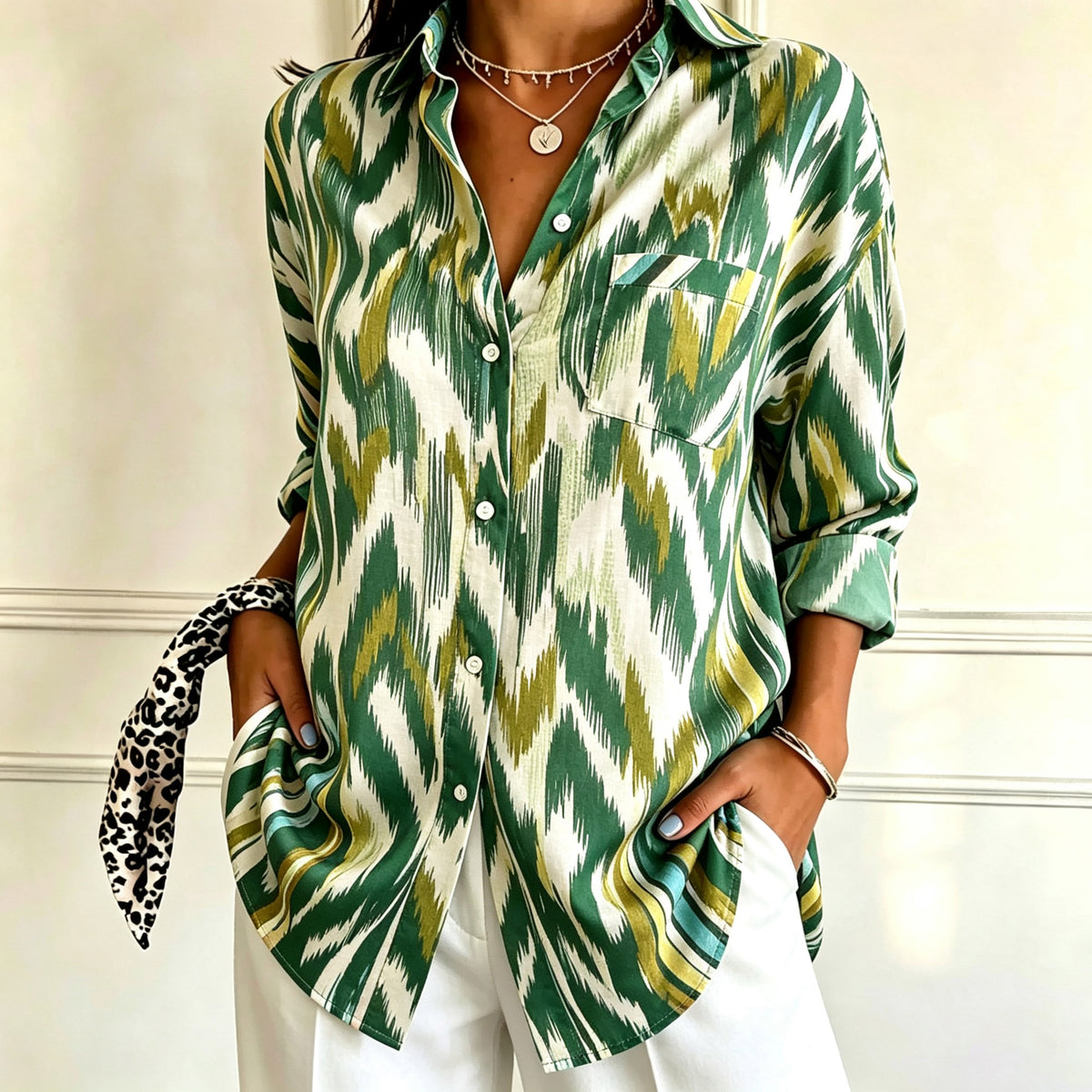 Jane | Green ikat print collared button down blouse 1