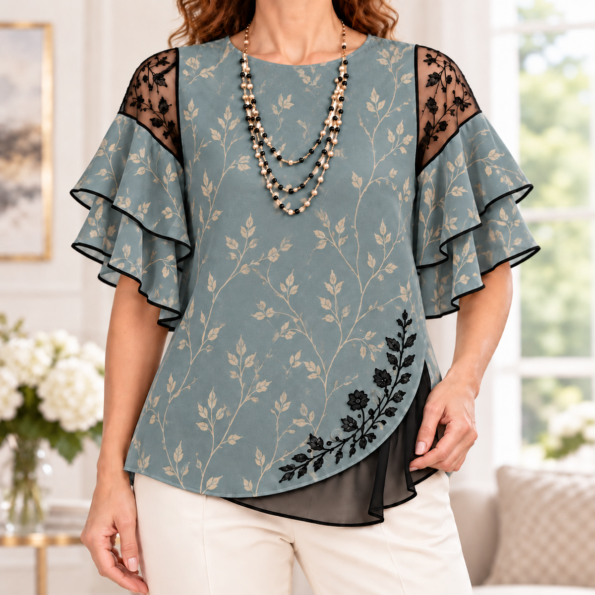 Cara | Botanical print pleated layered blouse 1