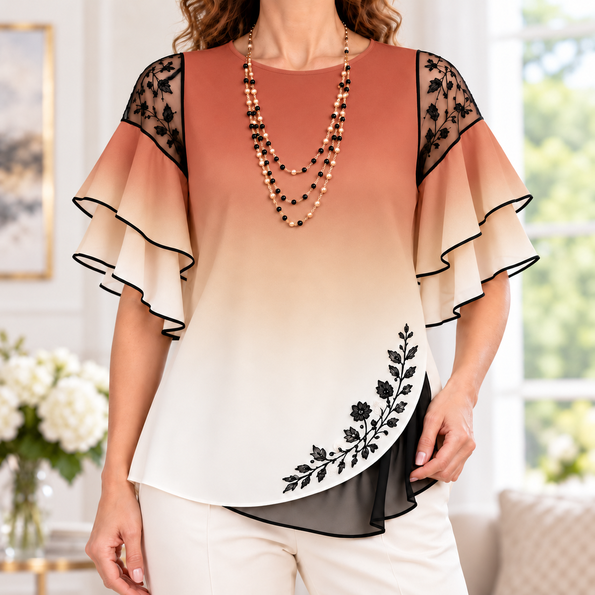 Alba | Ombre pleated embroidered blouse 1