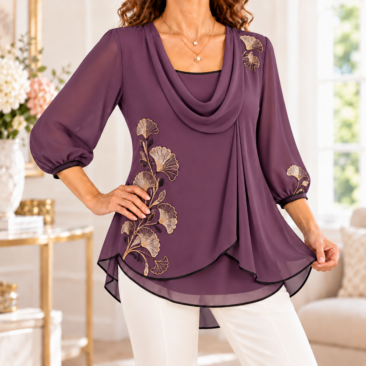 Beth | Mauve floral embroidered layered blouse 1