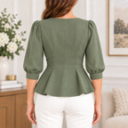 Mia | Floral embroidered peplum top sage green 3