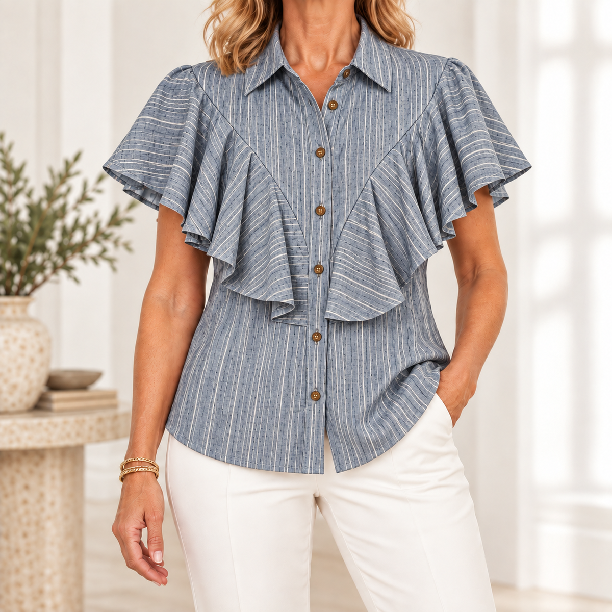 Hope | Striped ruffle button front blouse 1