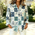 Maria | Blue patchwork floral print button down shirt 1