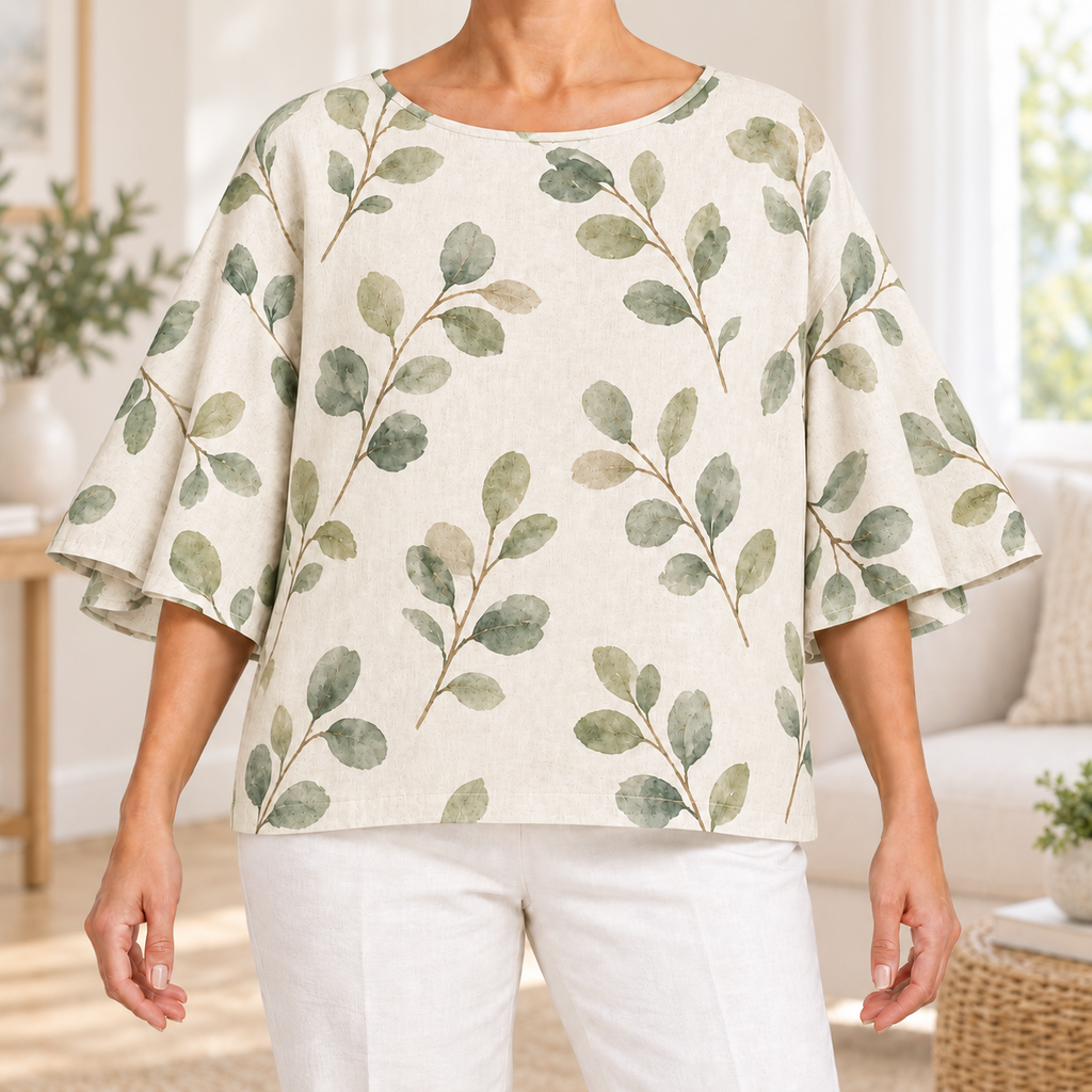 Miriam | Botanical leaf print blouse ivory flutter sleeve 1