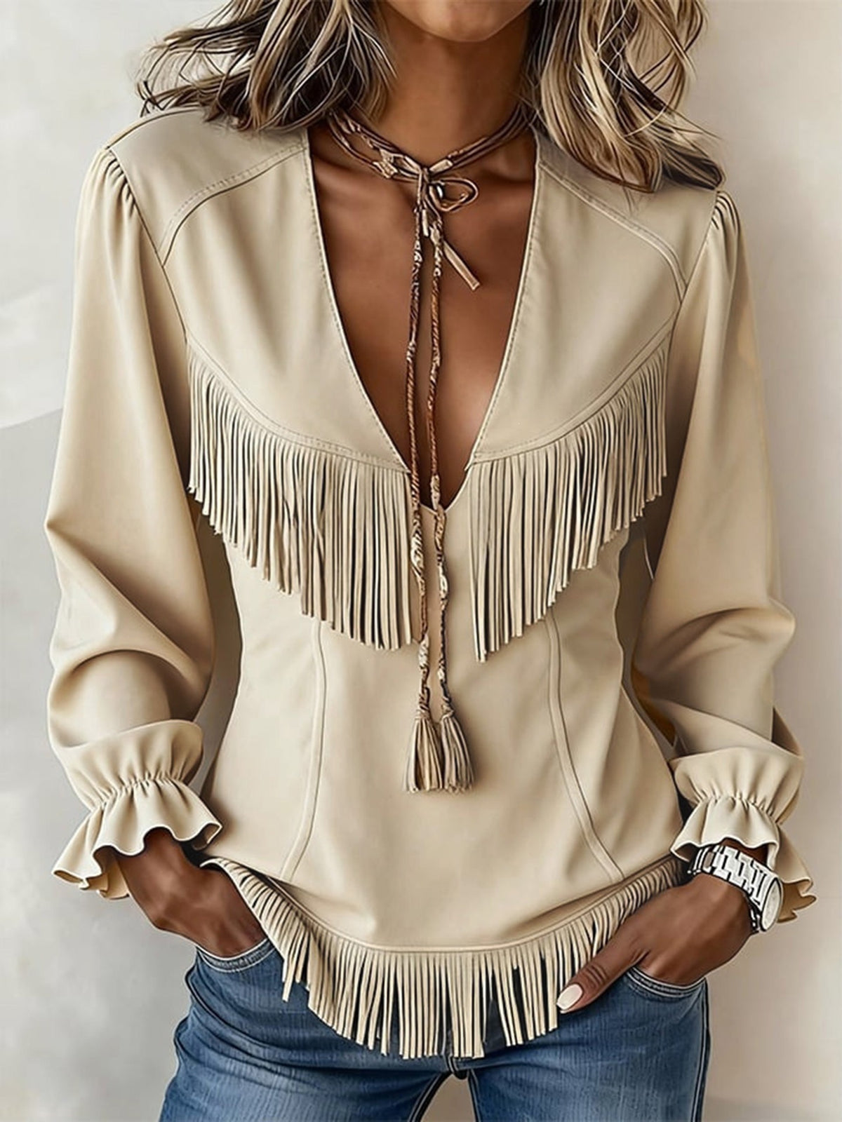 Olive | Western-style fitted fringe top 3