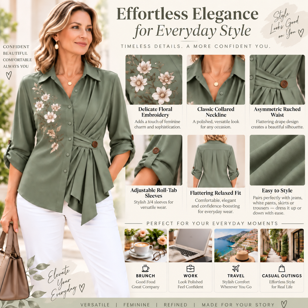 Patricia | Floral embroidered blouse sage green wrap waist 3