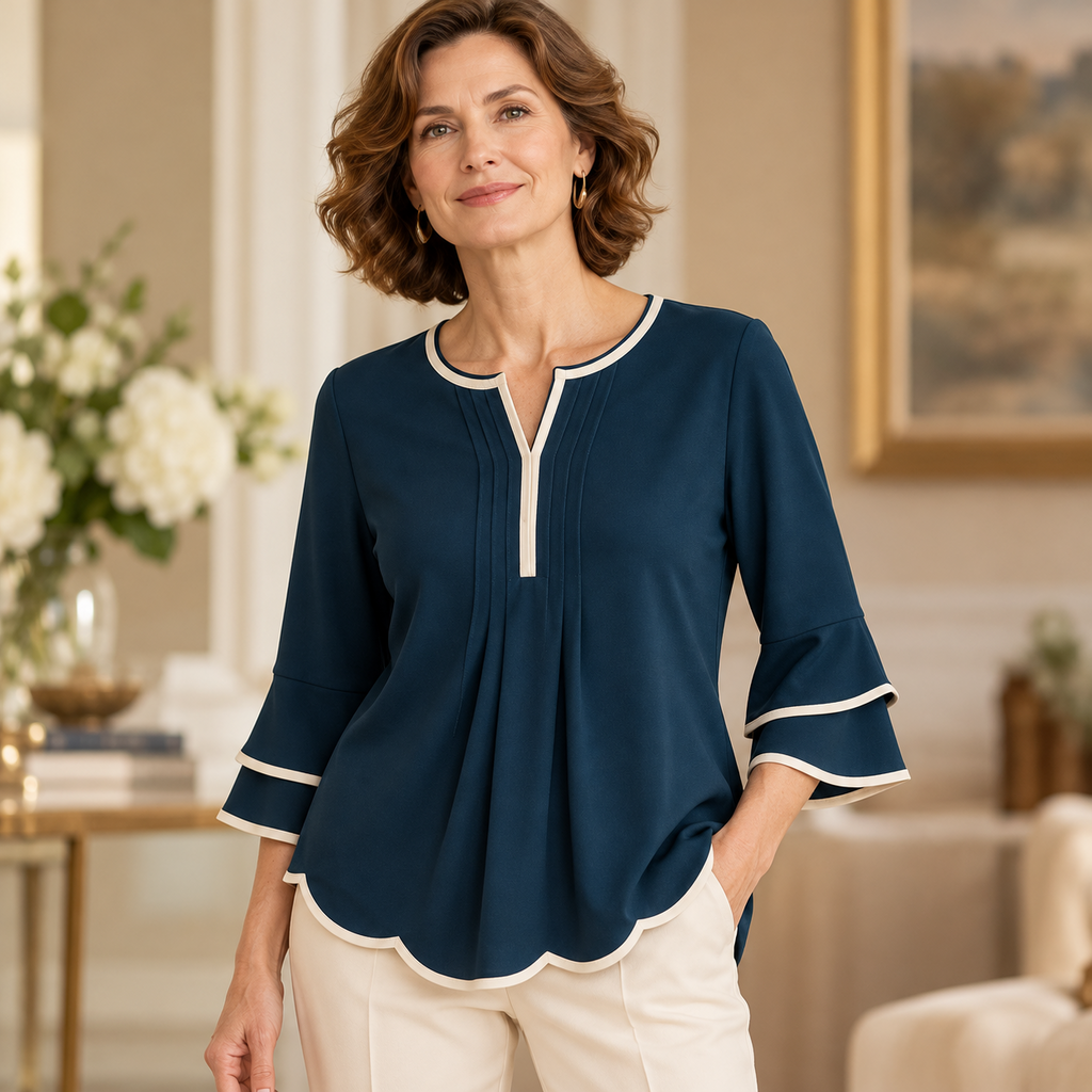 Gina | Navy split neck scallop hem blouse 2