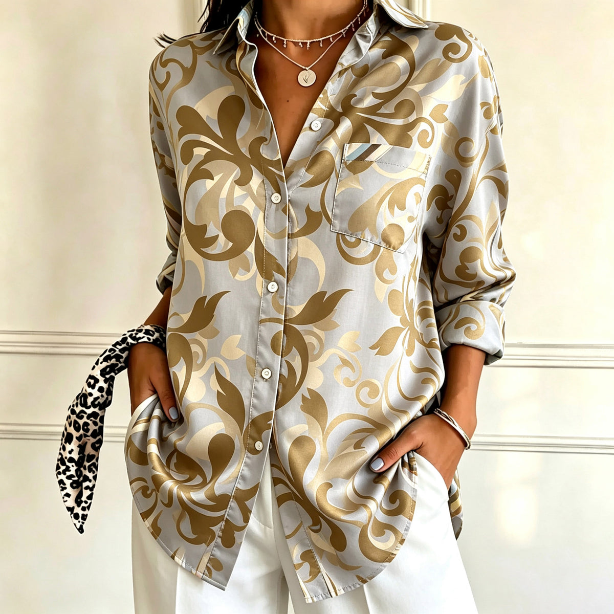 Josephine | Grey and gold damask paisley print shirt 1