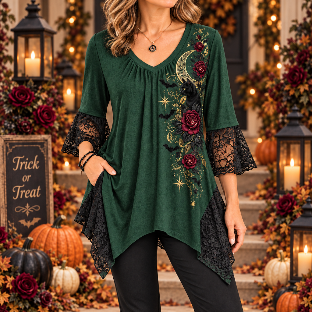 Maxine | Gothic halloween black cat tunic green 1