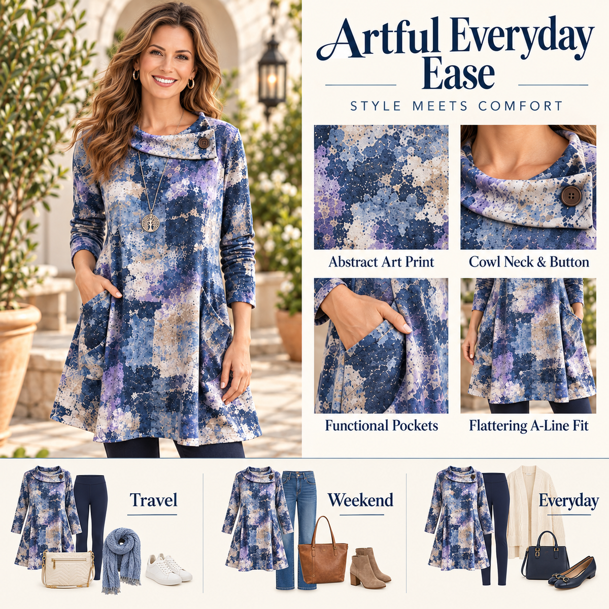 Maureen | Boho abstract print tunic blue cowl neck 4