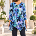 Ella | Boho watercolour floral tunic blue V-neck 3
