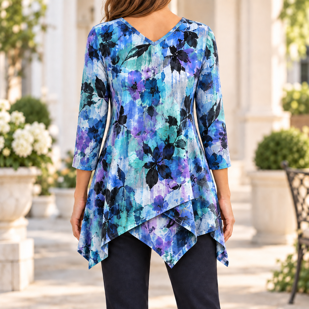 Ella | Boho watercolour floral tunic blue V-neck 3