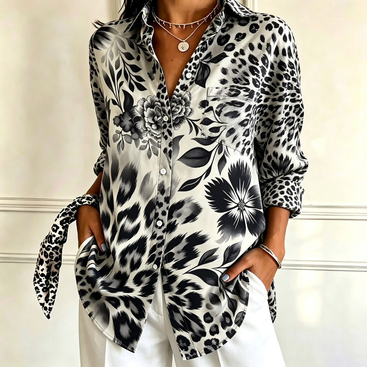 Janet | Black white floral leopard print collared shirt 1