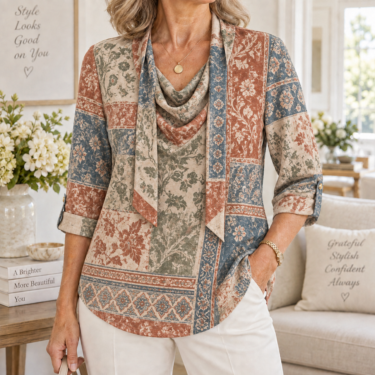 Dora | Vintage patchwork tunic cowl neck 3/4 sleeve 1