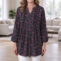 Deborah | Dark charcoal floral pleated button notch neck top 1