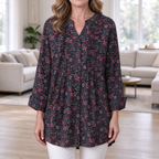 Deborah | Dark charcoal floral pleated button notch neck top 1