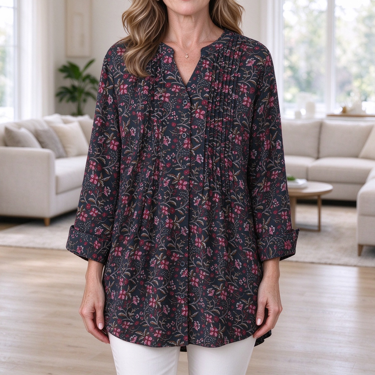 Deborah | Dark charcoal floral pleated button notch neck top 1