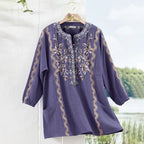 Coral | Purple cotton gauze embroidered notch V-neck top 2