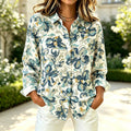 Lydia | Teal blue watercolour floral print button down top 1