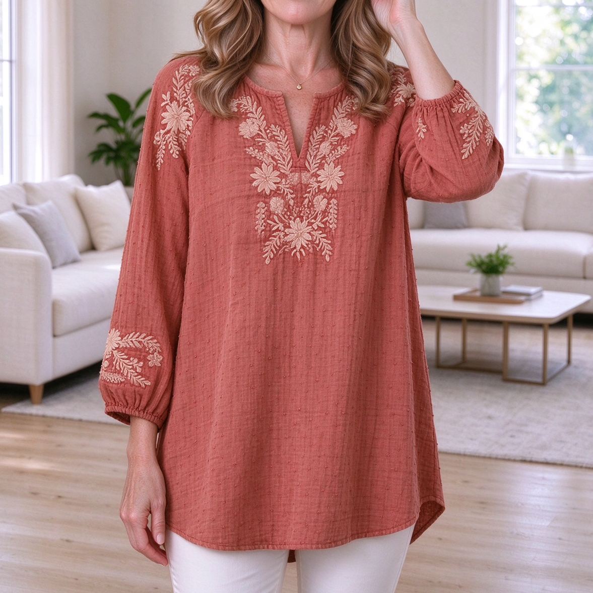 Estelle | Terracotta cotton gauze floral embroidered V-neck top 1