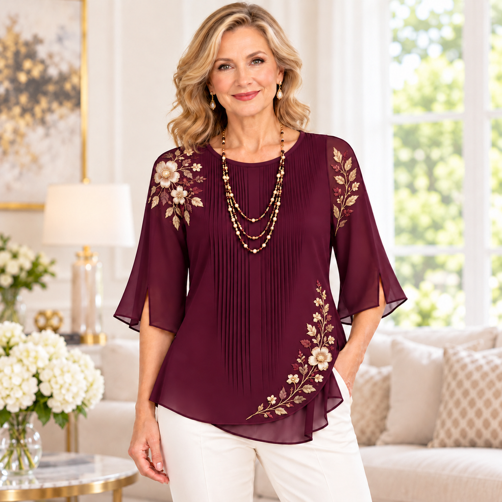 Gloria | Burgundy floral embroidered pleated blouse 2
