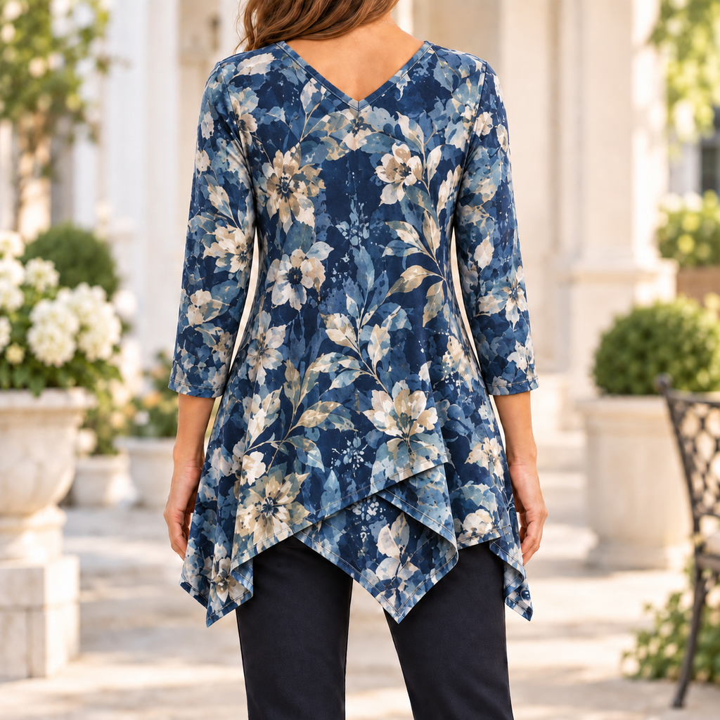 Eloise | Navy blue botanical floral print V-neck tunic 3