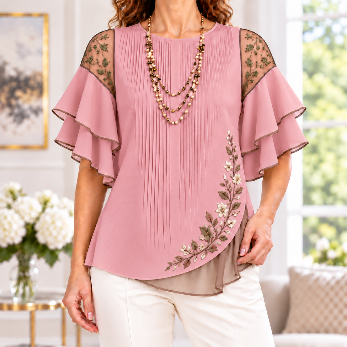 Beatrice | Floral embroidered pleated layered blouse 6