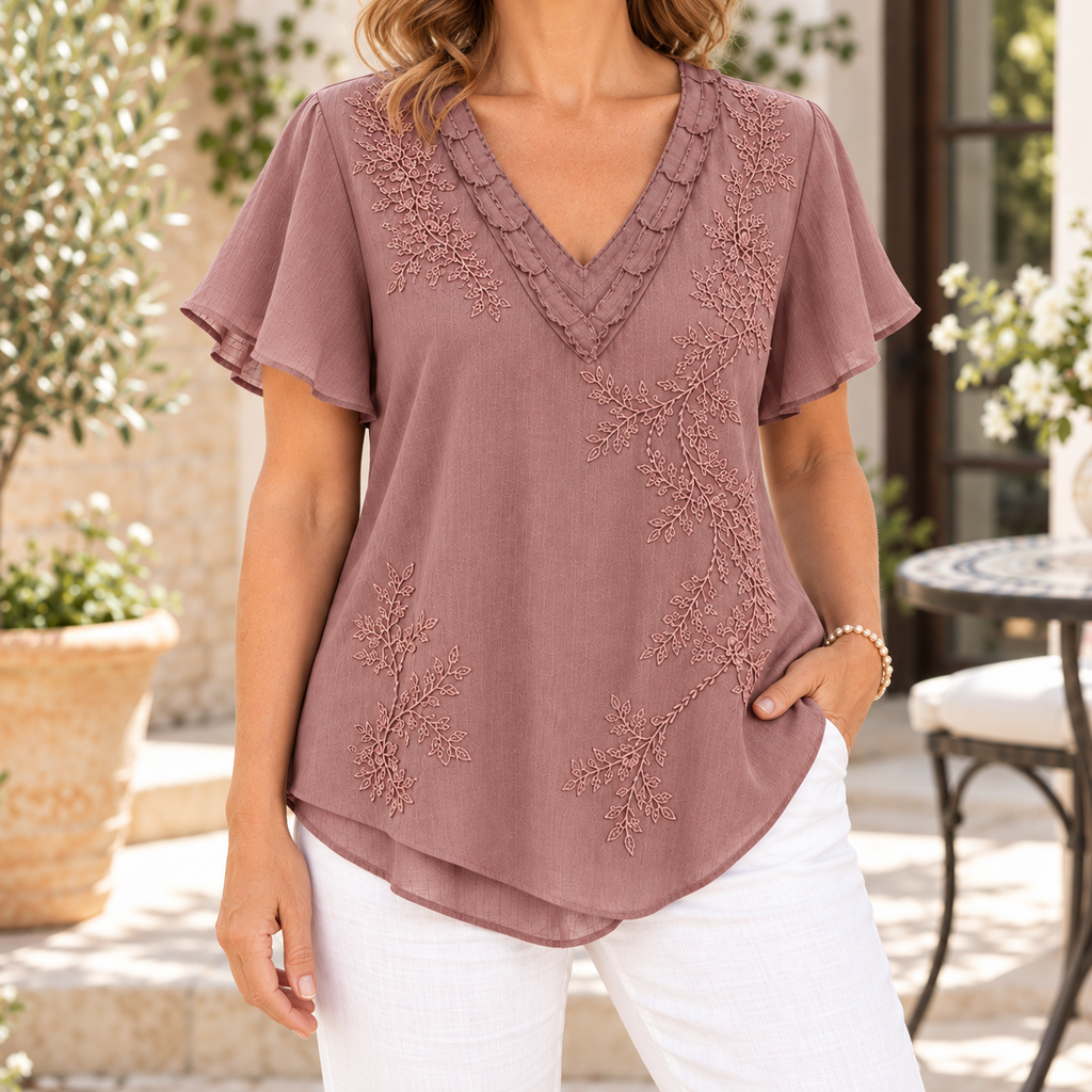 Chloe | Mauve embroidered blouse V-neck flutter sleeve 1