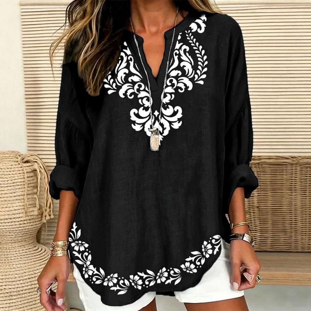 Julia | Damask & floral print split V-neck tunic 2