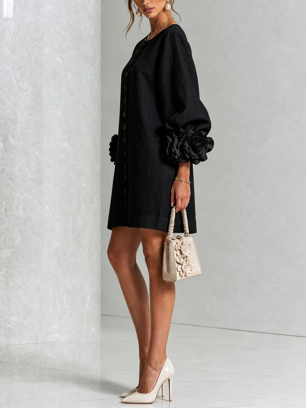 Aurora | Floral-cuff button mini dress 19
