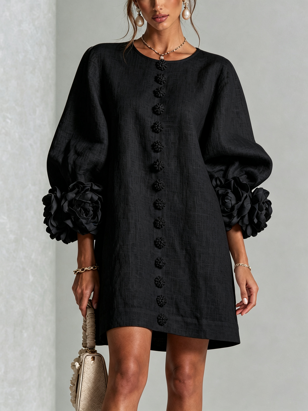 Rosamund | Floral-cuff button mini dress 1