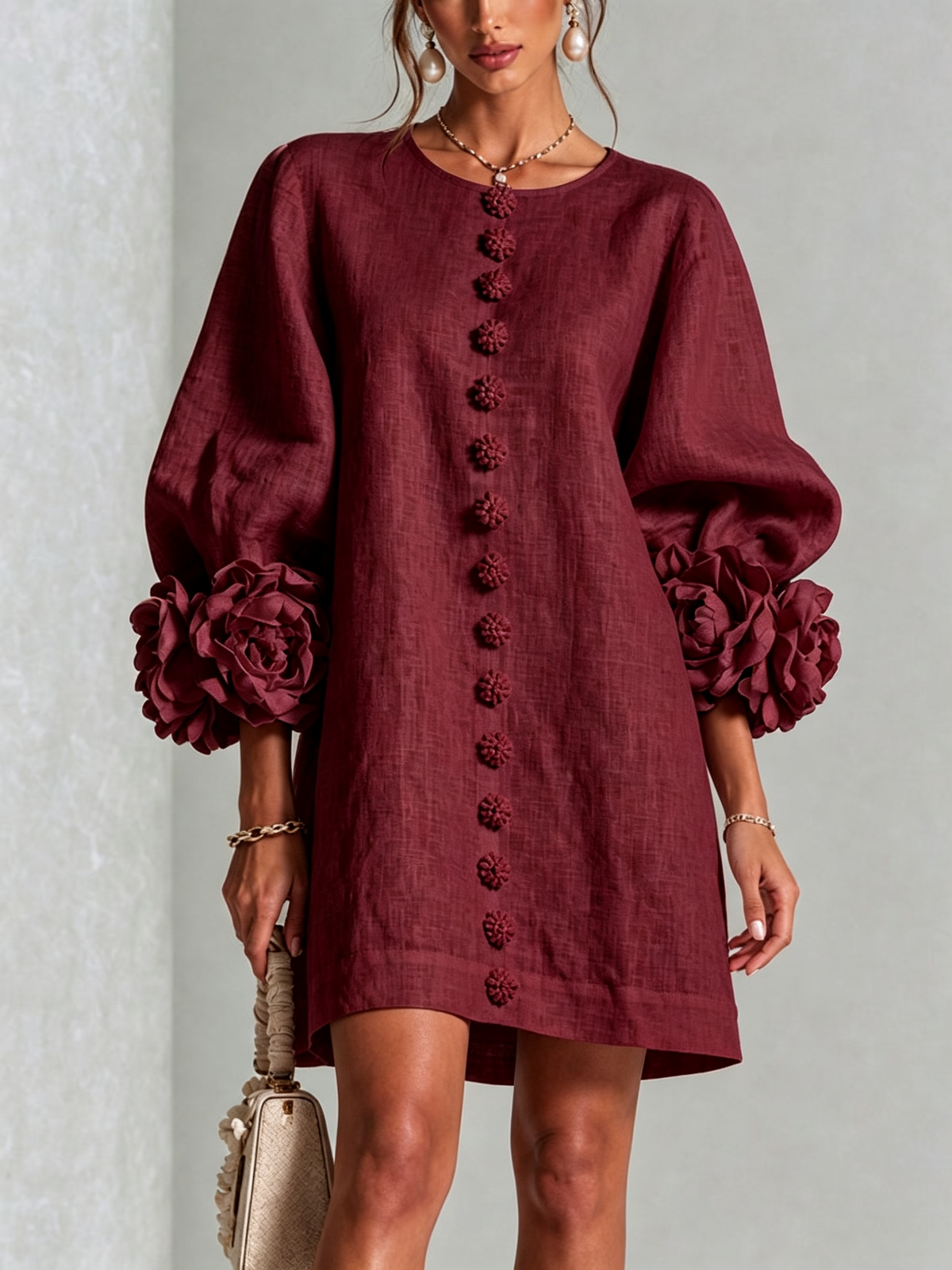Aurora | Floral-cuff button mini dress 9