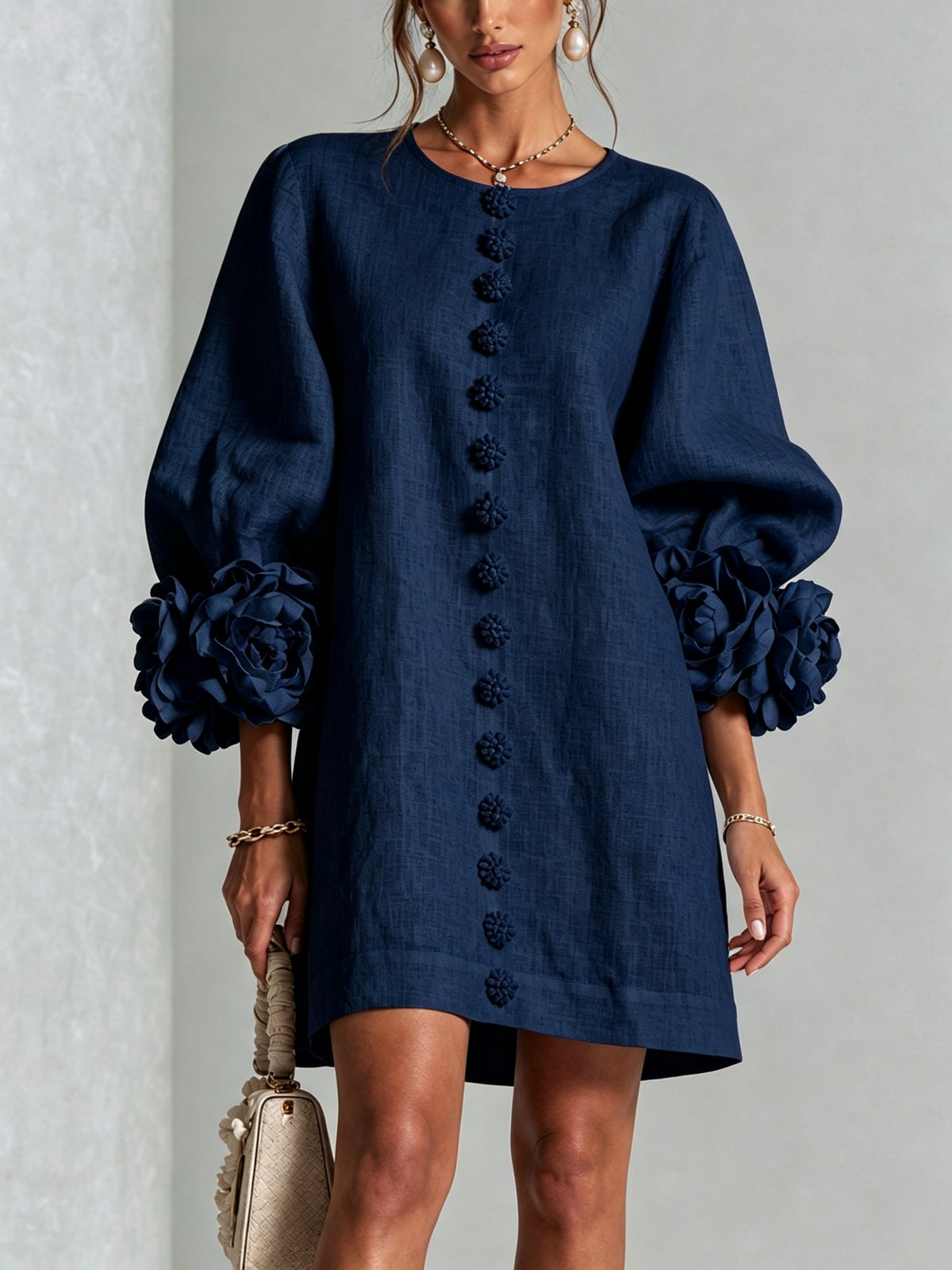 Aurora | Floral-cuff button mini dress 3