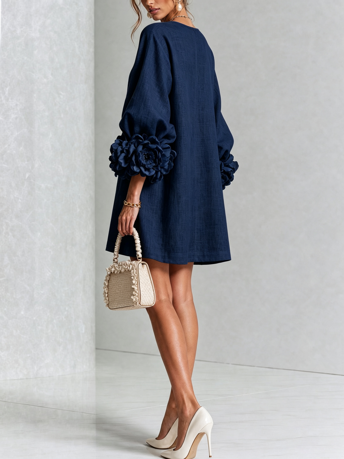 Aurora | Floral-cuff button mini dress 15