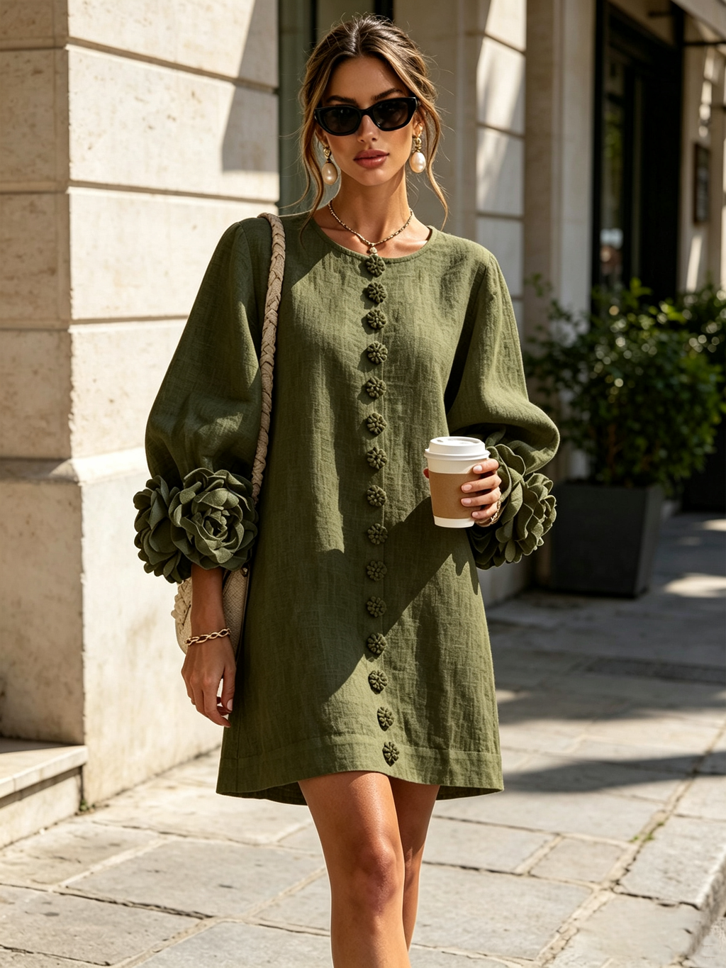 Aurora | Floral-cuff button mini dress 14