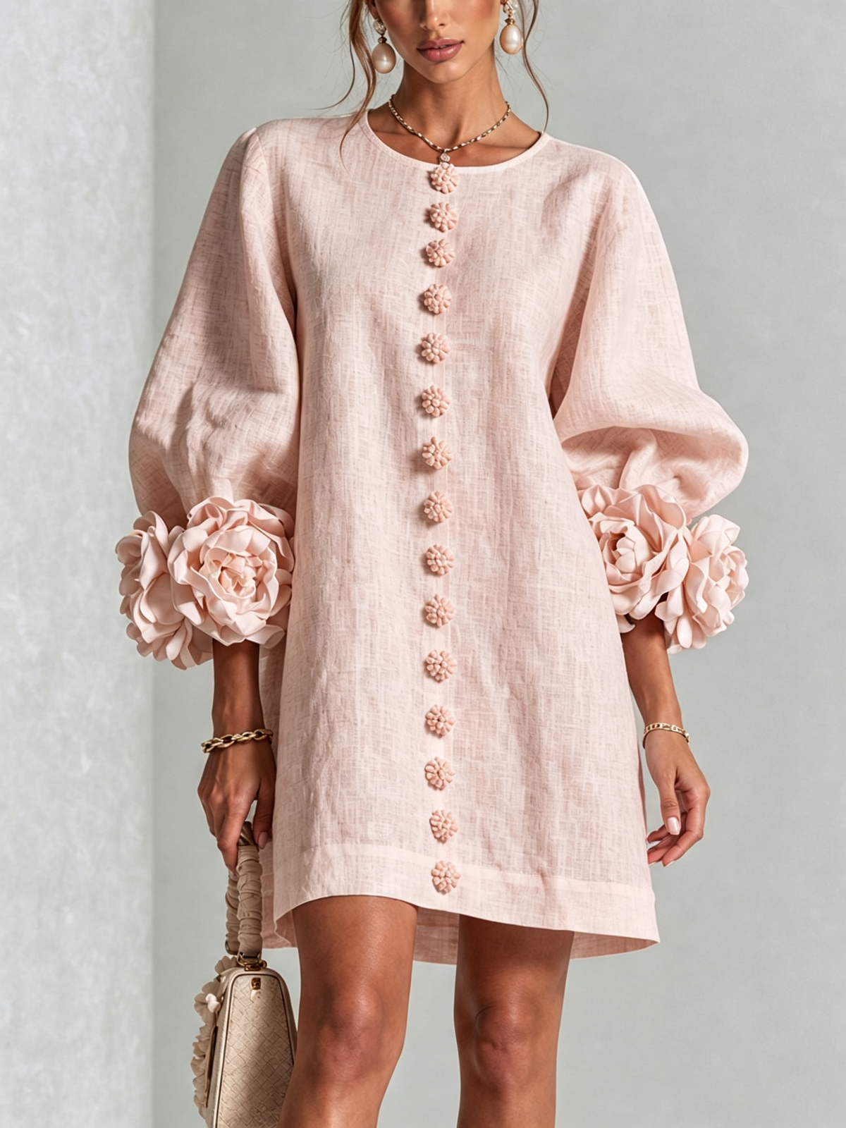 Aurora | Floral-cuff button mini dress 5