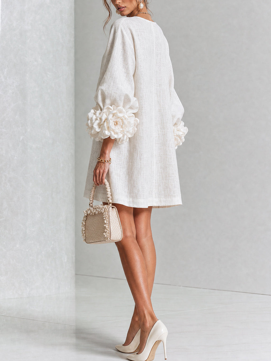 Aurora | Floral-cuff button mini dress 12